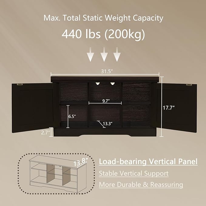 DINZI LVJ Shoe Bench, Entryway Storage Bench with Doors, Cushion, 2-Tier Shoe Rack with 6-Cubby, 31.5”L x 13.8”W Shoe Organizer Cabinet, Adjustable Shelf, Living Room, Bedroom, Espresso