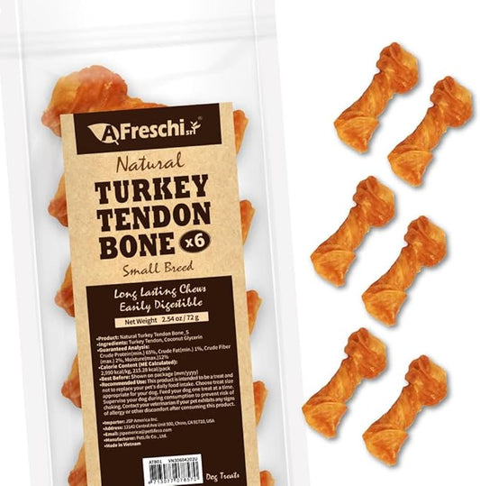 Afreschi Turkey Tendon Bone (S) 6 Pieces per Pack, USA-Sourced Turkey Tendon, All Natural Human Grade Puppy Chew, Hypoallergenic, Rawhide Alternative, Dog Treats for Small Breeds