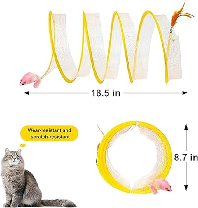 2Pcs Folded Cat Tunnel Toy for Indoor Cats,Collapsible Pet Spring Cat Toys with Feather Mouse Upgrade Interactive Toy Playing Tent for Puppy Kitten Accessories Home Self-Happy Cat Toys (Yellow)