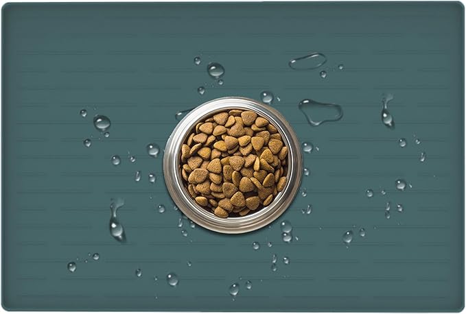 24" x 16" Dog Food Mat, Silicone Pet Mats for Food and Water, Nonslip Pet Feeding Mats for Floors, Dog Cat Bowl Mat with Raised Edges, Dark Green