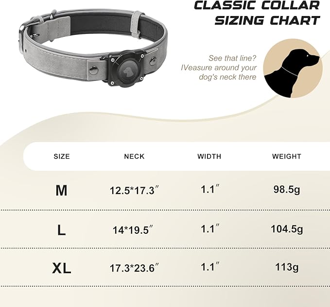 AirTag Dog Collar - Leather Dog Collar with Air Tag Holder | IPX8 Waterproof, Reflective, High - End, Adjustable Soft Padded | Dog GPS Tracker Collars Fit for Medium Large Dogs (Grey, XL)