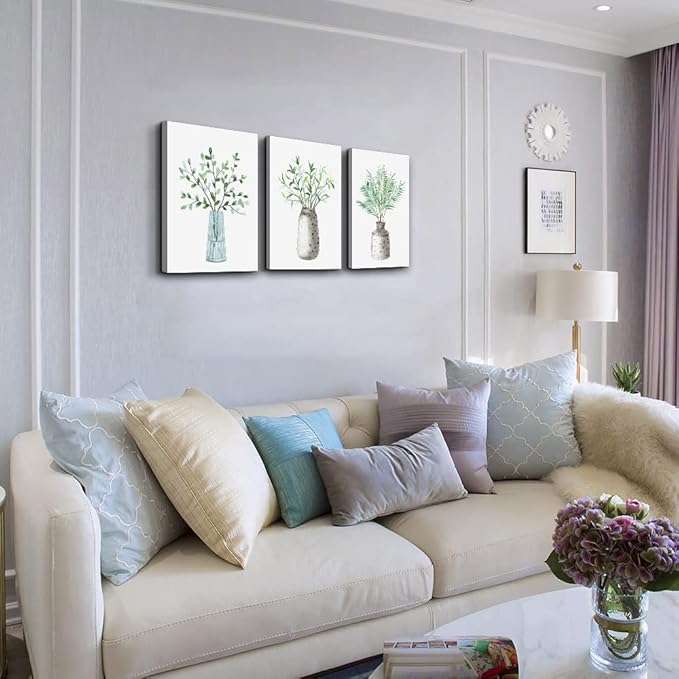 AHUASJART Canvas Wall Art Paintings For Kitchen Dining Room Large Size Wall Decor For Living Room Bedroom Wall Decoration Office Decor Green Leaf Vase Wall Pictures Artwork For Home Walls 3 Piece