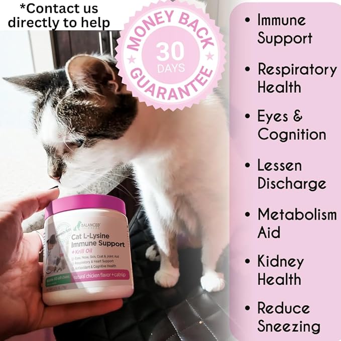 Balanced Breed L-Lysine Cats Immune Support Soft Chews Made in USA Vet-Pharmacist Approved Seasonal Allergy Relief Cat Vitamins Indoor Cats Supplements Krill Oil Asthma Relief Cat Lysine Treats NonGMO