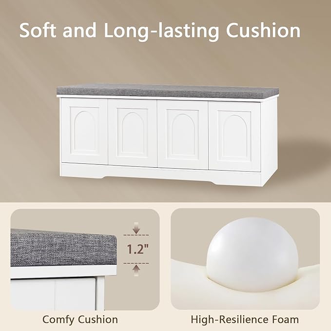 DINZI LVJ Shoe Bench, Entryway Storage Bench with Doors, Cushion, 2-Tier Shoe Rack with 8-Cubby, 47.2”L x 13.8”W Shoe Organizer Cabinet, Adjustable Shelf, Living Room, Bedroom, White