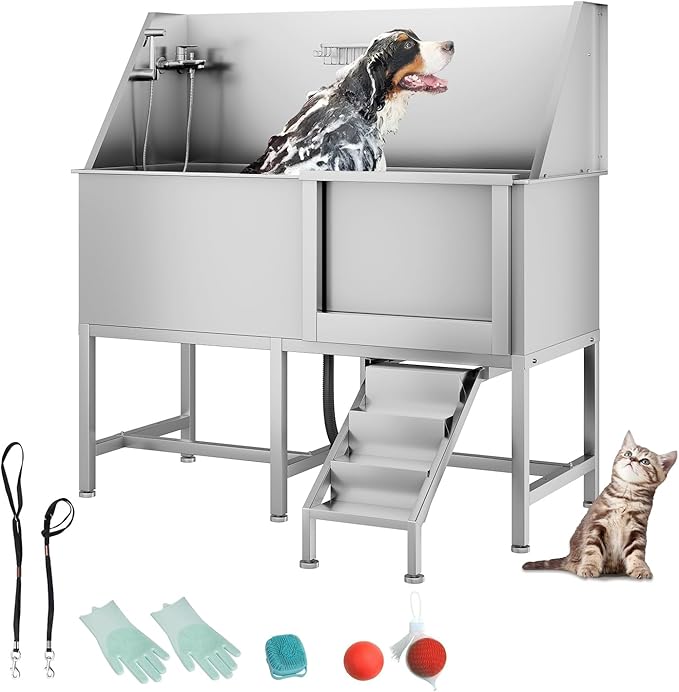 50" Pet Dog Bathing Station, Stainless Steel Dog Bathtub W/Ramp, Floor Grate, Dog Bath Brush, Washing Gloves for Home, Professional Dog Washing Station for Pets (50 Inch Right Door)