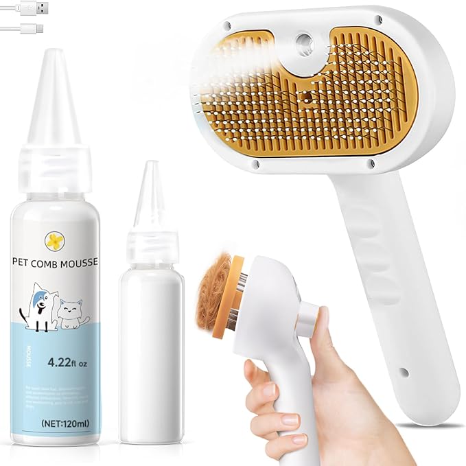 3-in-1 Pet Steam Brush Set for Dogs & Cats, Grooming Comb with Spray, Defur Tool, Water-Assisted Hair Removal, Gentle Cat & Dog Spritz Brush, Multi-Purpose Steam Grooming Kit
