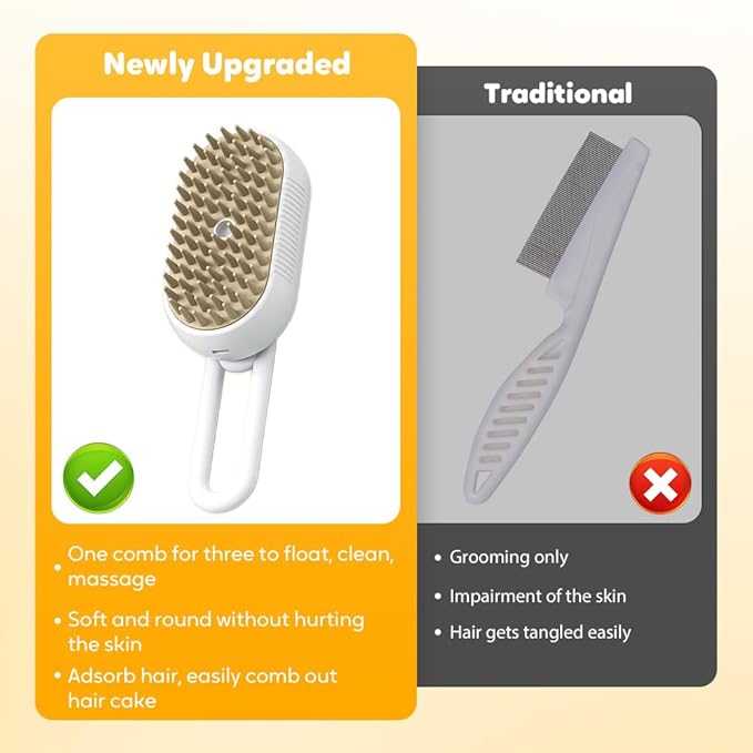3-In-1 Rechargeable Steamy Cat Brush, Deep Cleaning & Hair Removal System with Rotating Handle, 360° Massage for Cats & Dogs (Cream)