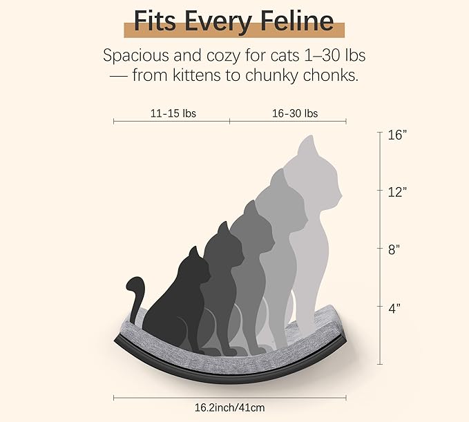 Curved Cat Wall Hammock Bed with Grey Foam Cushion – Floating Cat Wall Shelf Nest for Climbing, Sleeping & Lounging