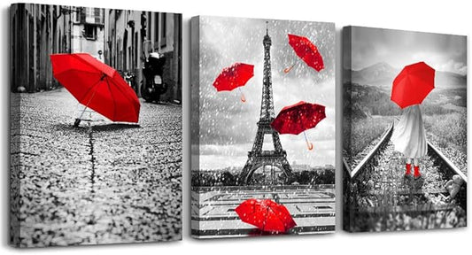 Black and white landscape Eiffel Tower 3 Piece Wall Art for Living Room Bathroom Decorations Kitchen Wall decor modern red umbrella Poster Canvas Print Office Bedroom Home Decoration wall paintings