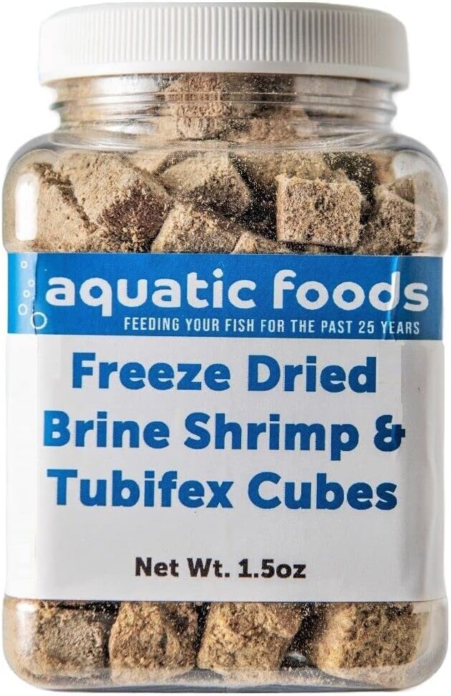 Aquatic Foods Inc. Freeze Dried Floating Brine Shrimp Cubes and Tubifex Cubes for All Tropical Fish, Marine Fish, Discus, Cichlids, Koi & Pond Fish, Turtles…1.5oz Small Jar