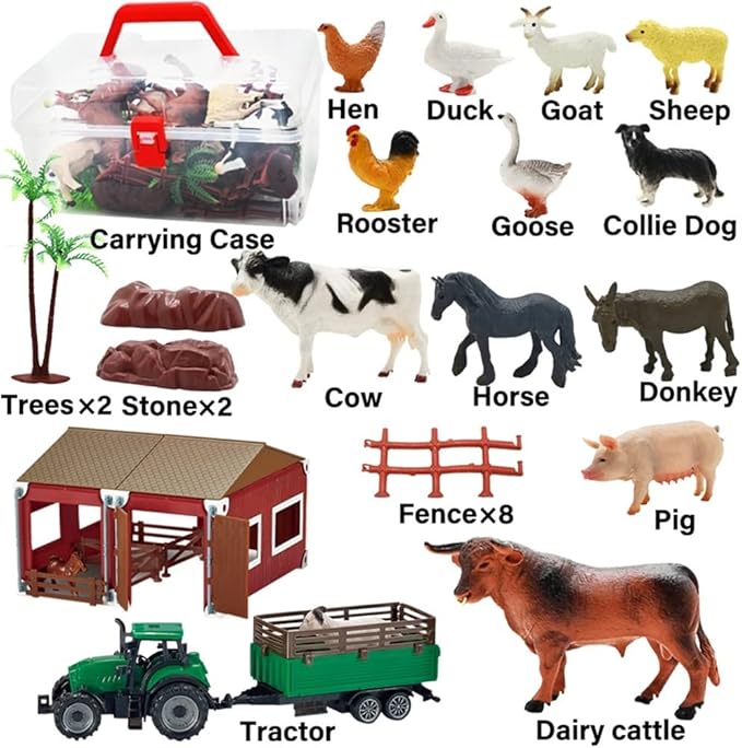 BOLZRA Mini Barn Playset, 66PCS Plastic Animals Figurines and Fence, Farm Figures Farmer Vehicle Toy Truck with Trailer for 3-12 Years Old Kids Boys Girls Toddlers