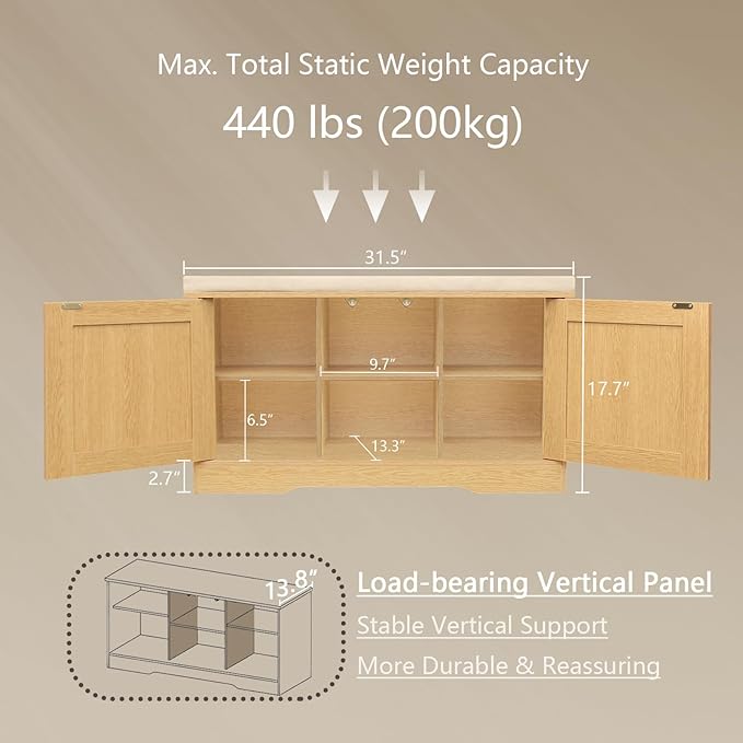 DINZI LVJ Shoe Bench, Entryway Storage Bench with Doors, Cushion, 2-Tier Shoe Rack with 6-Cubby, 31.5”L x 13.8”W Shoe Organizer Cabinet, Adjustable Shelf, Living Room, Bedroom, Natural