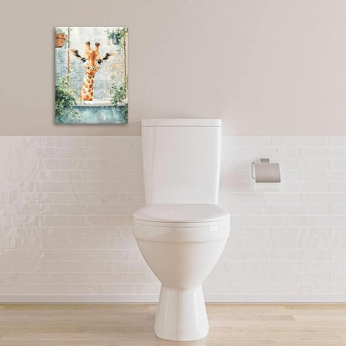 Bathroom Funny Giraffe Pictures Wall Art, Watercolor Giraffe Bathroom Wall Decor, Animal Framed Painting Canvas Artwork for Living Room Decorations 16"L x 12"W