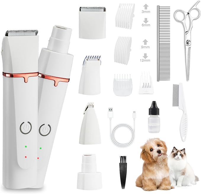 2025 New Petium 4-in-1 Dog Grooming Clippers Kit-Quiet Dog Nail Grinder & Paw Trimmer,Low Noise Cordless Pet Shaver for Small Dogs & Cats,USB-Rechargeable, 6 Guide Combs