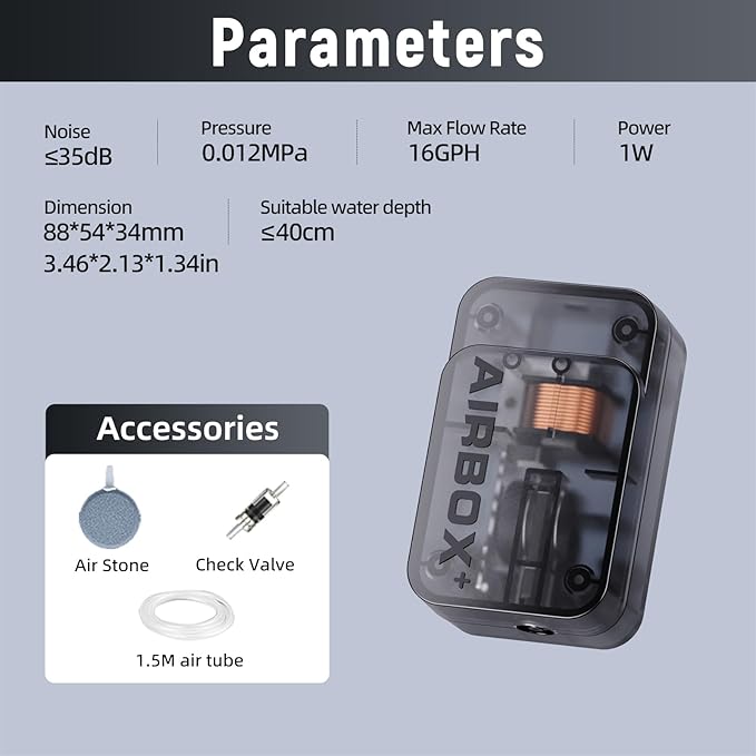 Aquarium Air Pump,Ultra-Quiet/Small Size/More Output Fish Tank Bubbler 1w/16GPH/12Kpa,with Air Stone Bubbler,Single Outlet Suitable for 0-20 Gallon Fish Tank