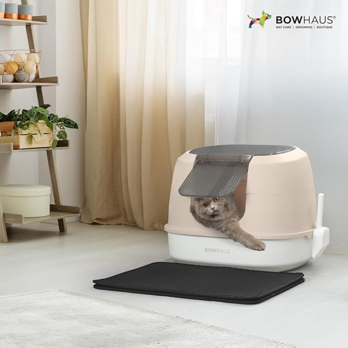 Detachable Cat Litter Box with Lid, 3-in-1 Cat Toilet of Cats, Large Space Anti-Leakage Gato Litter Box with Scoop, Mat & Odor Fitter, Beige/Pink