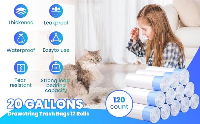 120 Pack Jumbo Cat Litter Bags-3MIL Extra Thick Leakproof Litter Box Liners, 37"x18" Heavy Duty Drawstring Cat Litter Liners for Automatic Litter Box, Odor Control Disposable Kitty Litter Bags 12 Roll