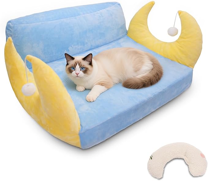Cat Couch with Soft Pillow, Supportive Dog Couch, Cat Sofa with Removable Cover，Cute Moon Shaped, 24 Inch