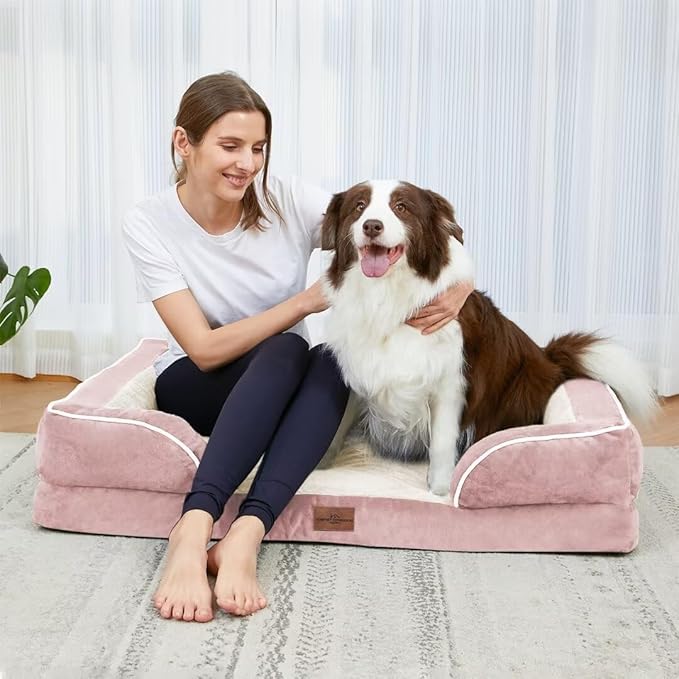 Comfort Expression Waterproof Orthopedic Foam Dog Beds Extra Large Dogs, XL Dog Bed with Bolster, Washable Pet Sofa Couch with Removable Cover & Non-Slip Bottom(X-Large,Pink)