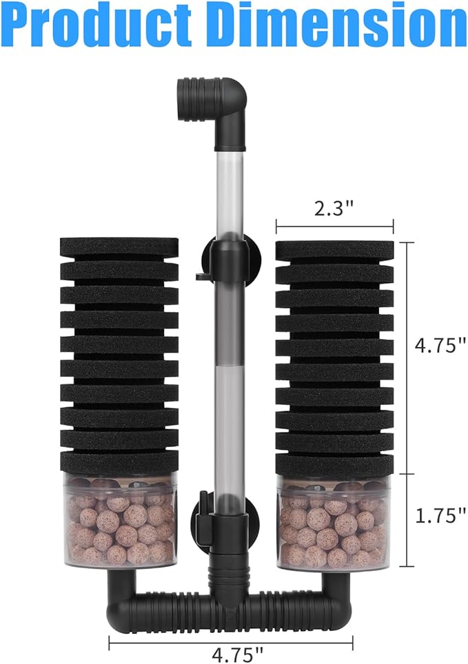 AQUANEAT Aquarium Air Powered Sponge Filter with Ceramic Media Balls, for Betta Fry Shrimp Fish Tank, with 2 Spare Sponges, up to 55Gal