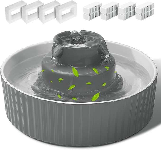 Ceramic Cat Water Fountain, 2.1L/70oz Porcelain Pet Drinking Dispenser with 4 Set Replacement Filter & Sponge, Automatic Dog Water Bowl with Ultra-Quiet Pump, Cat Feeding Watering Supplies(Grey)