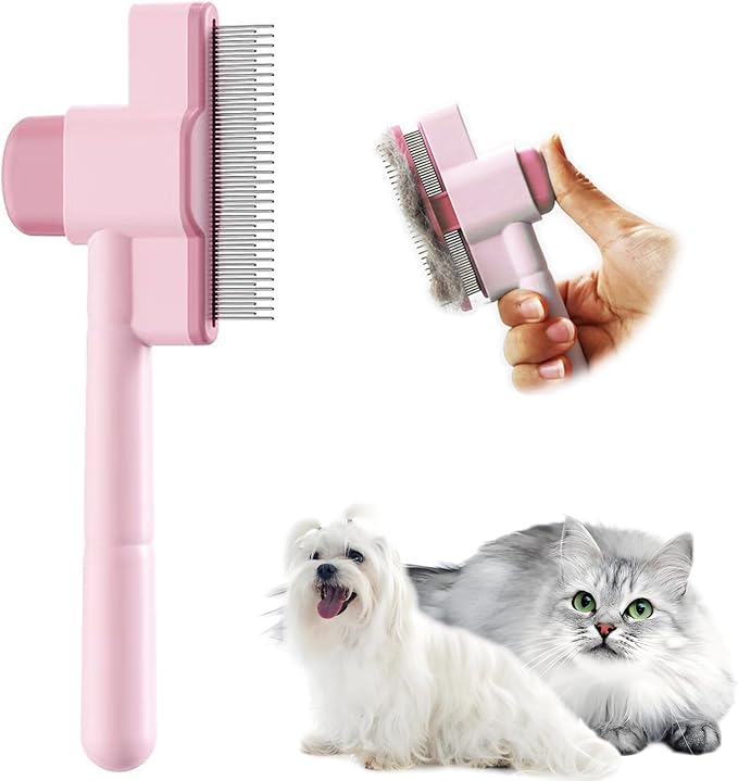 Cat Comb Pet Comb Self Cleaning Upgraded Cat Brush for Long Haired Cats & Dogs, Pink