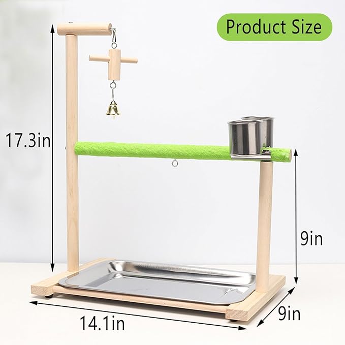 Bird Palyground, Parrot Playstand Natural Wood, Bird Perch Stand Gym with Feeder Cups and Removable Tray, Bird Cage Accessories for Parakeets Cockatiels Lovebirds