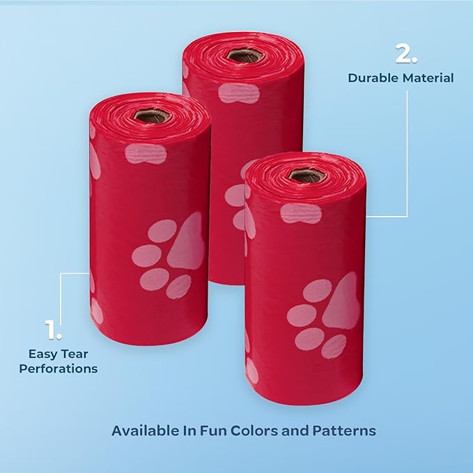 Best Pet Supplies Dog Poop Bags (150 Bags) for Waste Refuse Cleanup, Doggy Roll Replacements for Outdoor Puppy Walking and Travel, Leak Proof and Tear Resistant, Thick Plastic - Red