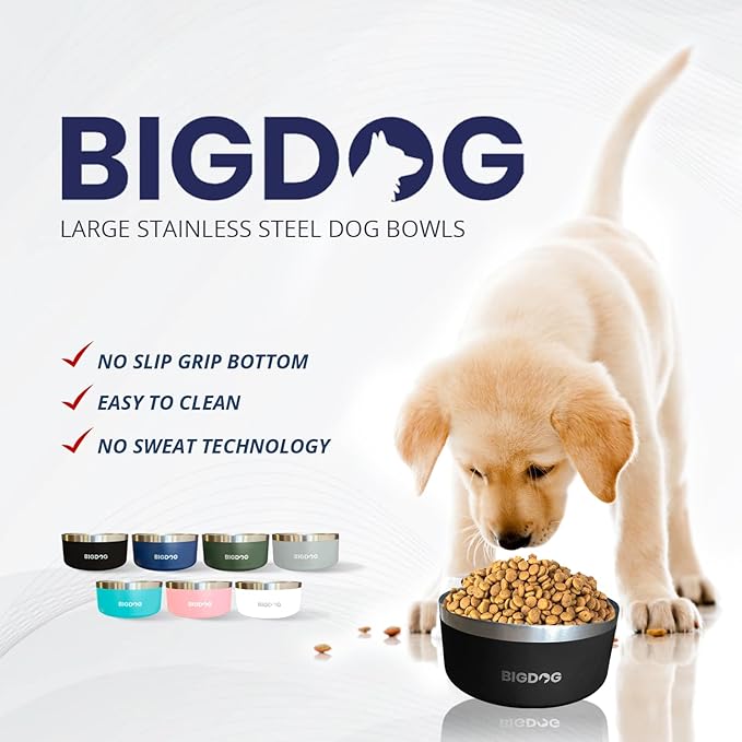 BigDog Dog Bowls, Dog Bowls for Large Dogs, Stainless Steel Dog Bowls, No Spill Dog Bowls, Dog Food and Water Bowl (64 Ounce, Black)