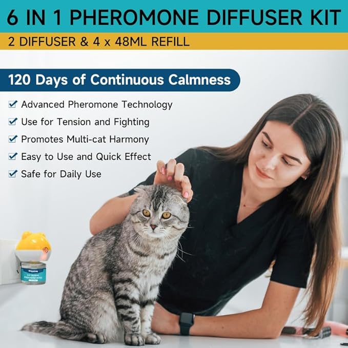 Cat Calming Diffuser - Cat Pheromones Calming Diffuser for Cat Anxiety Relief 6-in-1 Cat Pheromone Diffuser Kit with 2 Diffuser + 4 Refill 48ml Vial - 120 Days Pheromone Diffuser to Calm Cats