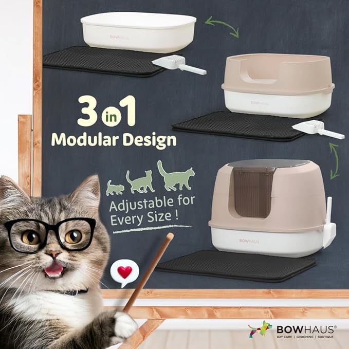 Detachable Cat Litter Box with Lid, 3-in-1 Cat Toilet of Cats, Large Space Anti-Leakage Gato Litter Box with Scoop, Mat & Odor Fitter, Beige/Pink
