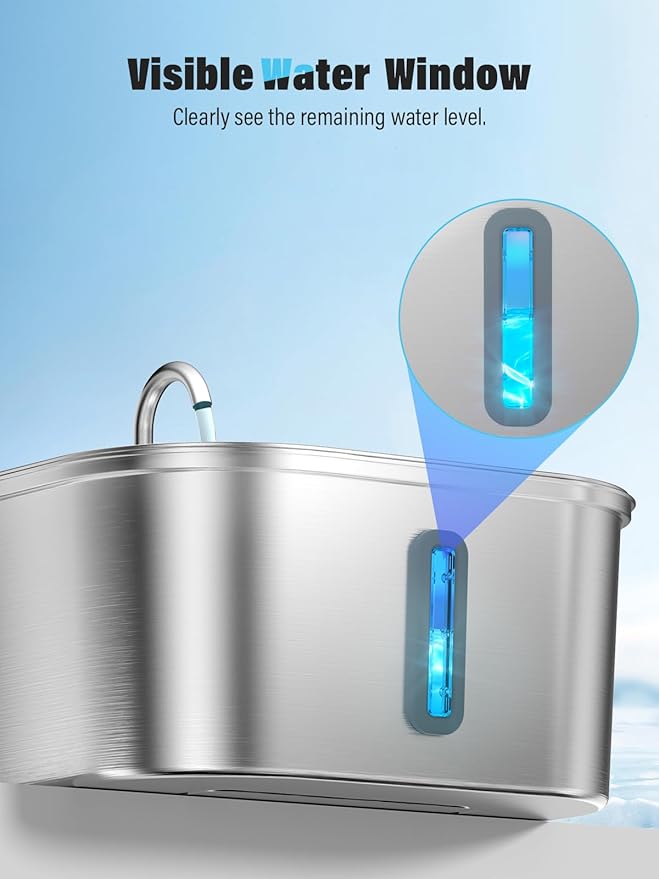 Dog Water Fountain for Large Dogs, 8L/2.1Gal Stainless Steel Pet Water Fountain with Water Level Window, Automatic Dog Water Bowl Dispenser for S-L Dogs and Multi-Pets (with 6pcs Filters)