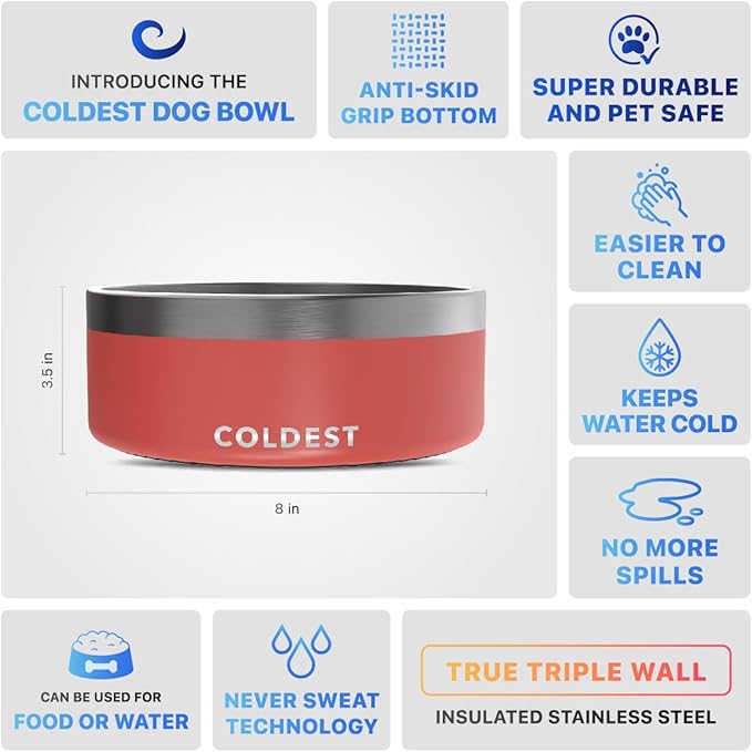 Coldest Dog Bowl - Anti Rust Metal, Non Slip, 3 Layers Insulated Stainless Steel Dog Bowls - Spill Proof & Heavy Duty - Water Bowl for Dogs, Cats & Pets, Dish Washer Safe (64 oz, Crimson Red)