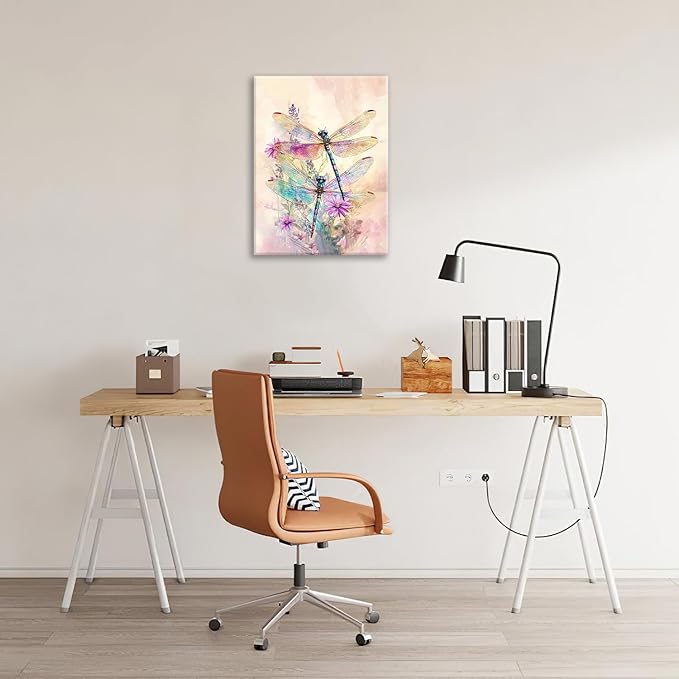 Dragonfly Bathroom Pictures Wall Art, Floral Bathroom Wall Decor, Framed Painting Canvas Artwork for Bedroom Living Room Decorations 20"L x 16"W