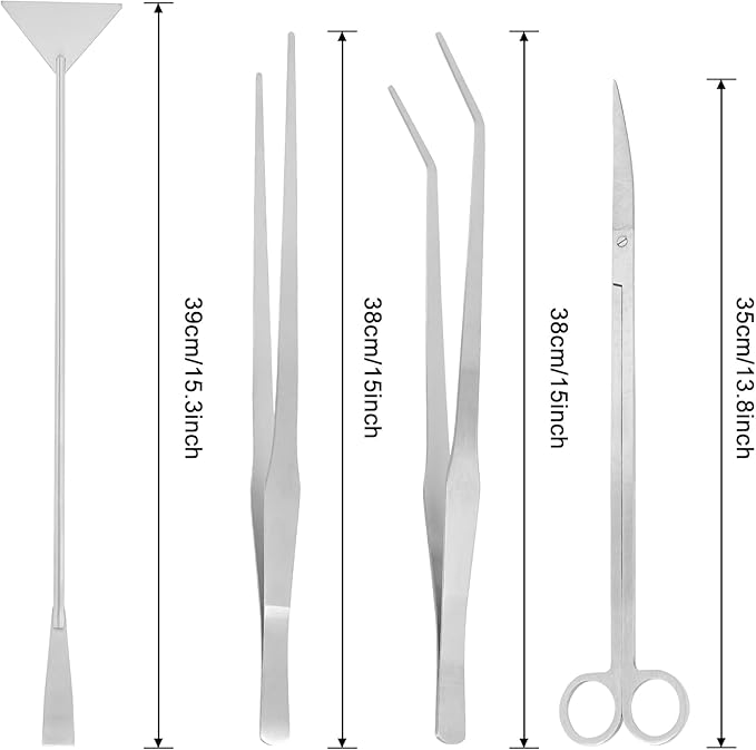 15Inch Extra Long Design Aquarium Aquascaping Tool Stainless Steel Aquascape Tools Kit 4 in 1 Anti-Rust Fish Tank Starter Kit with Long Tweezers Scissors Spatula for Aquarium Plants (Silver)
