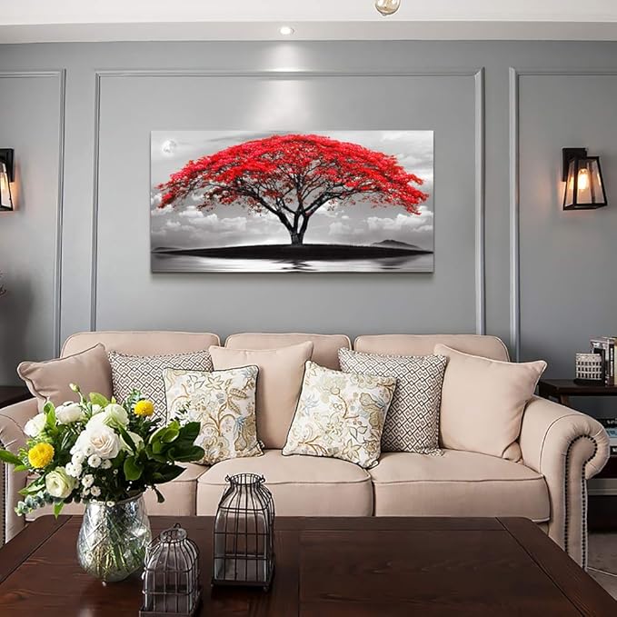 canvas wall art for living room bathroom Wall Decor Black and white landscape red tree moon scenery Hang painting Home Decorations for office bedroom kitchen Works canvas Prints pictures 20" x 40"inch