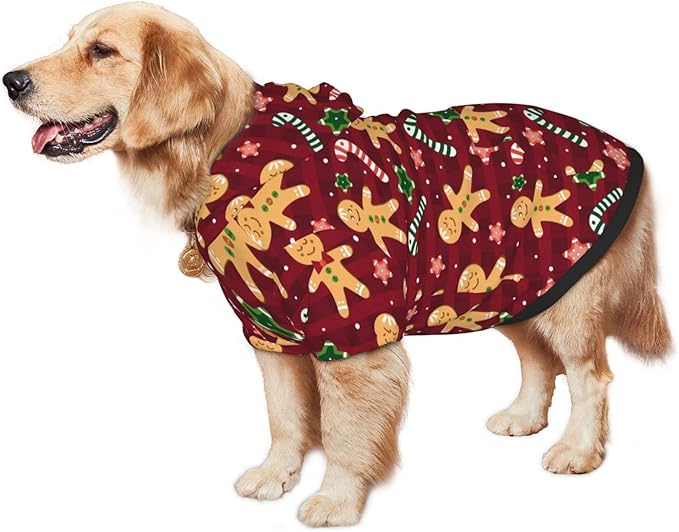 Christmas with Gingerbread Men, Candies Hoodie,Christmas Cosplay Dog Clothes with Pocket and Hat Winter Clothes Sweaters X-Small