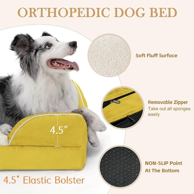 Comfort Expression Waterproof Dog Beds Large Sized Dogs, Large Dog Beds Orthopedic Foam, Comfy Pet Bed Sofa with Washable Removable Cover & Non-Slip Bottom(Spicy Mustard)