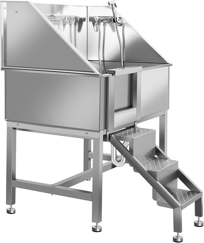 38" Pet Dog Bathing Station W/Stairs, Professional Stainless Steel Dog Grooming Tub W/Soap Box, Faucet,Rich Accessory, Dog Bathtub for Large,Medium,Small Pets, Washing Sink for Home,L-RAMP