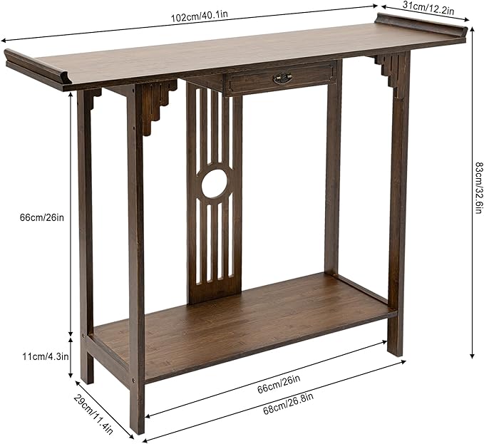 Console Table with Storage Shelves, 2 Tiers L 40.1” Narrow Sofa Table with Drawers, Bamboo Entryway Table for Small Spaces, Living Room Hallway Foyer Corridor Wood Entry Table
