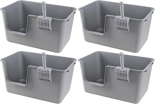 4 Packs Large Cat Litter Box with High Sides, Grey Open Top Cat Litter Basin