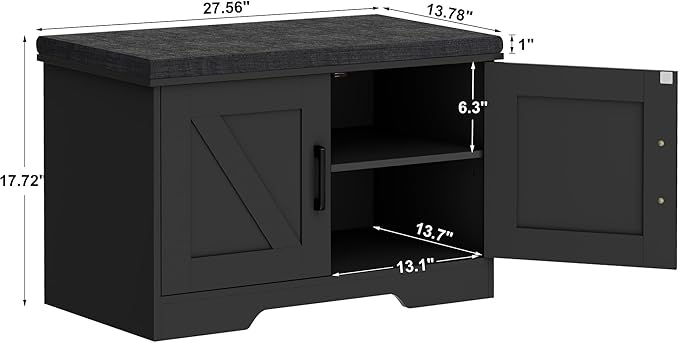 2-Tier Storage Bench, Shoe Bench with Padded Seat Cushion, Entryway Bench with 2 Barn Doors, Adjustable Shelf, 13.8" D x 27.6" W x 17.7" H, for Entryway, Living Room, Bedroom, Black