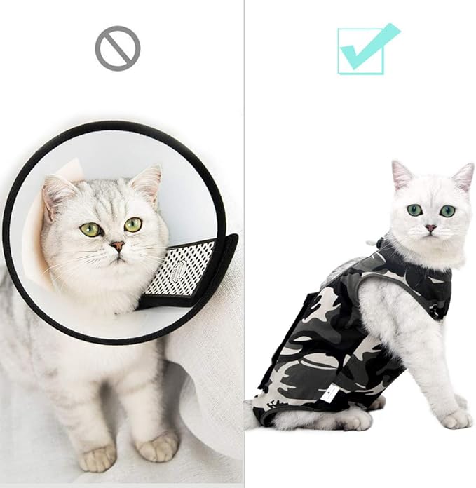 DOTON Cat Recovery Suit for Male and Female Surgical Post Surgery Soft Cone Onesie Shirt Clothes Neuter Licking Protective Diapers Outfit Cover Kitten Spay Collar(L, Camouflage)