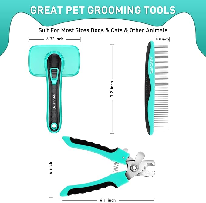 Dog Brush Kit for Grooming Short Long Haired Cats, 3 in 1 Dog Grooming Set for Small Animals, Puppy Self-Cleaning Slicker Brush for Shedding Medium & Large Dogs. Free Pet Comb + Nail Clippers