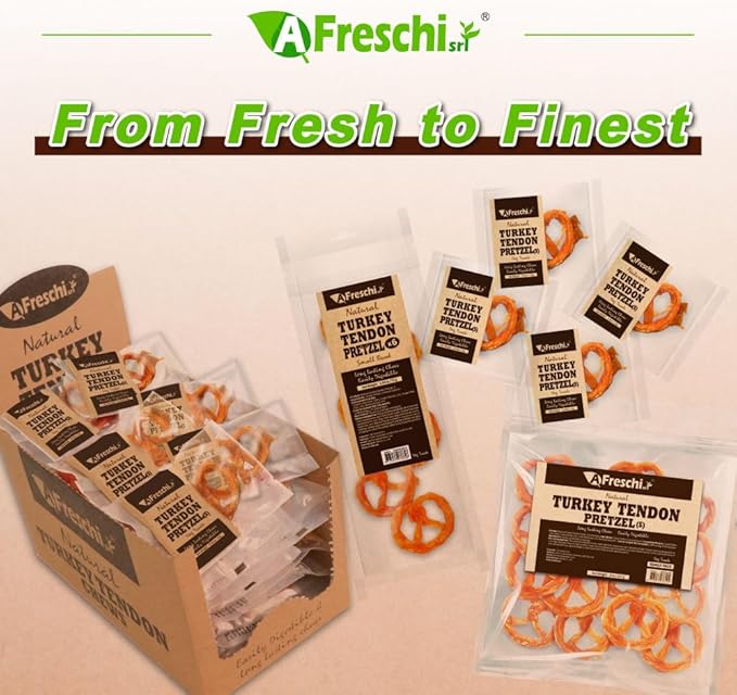 Afreschi Natural Turkey Tendon Pretzel (S) Pack of 4, Dog Treats for Signature Series, All Natural Human Grade Puppy Chew, USA-Sourced Turkey Tendon, Hypoallergenic, Rawhide Alternative