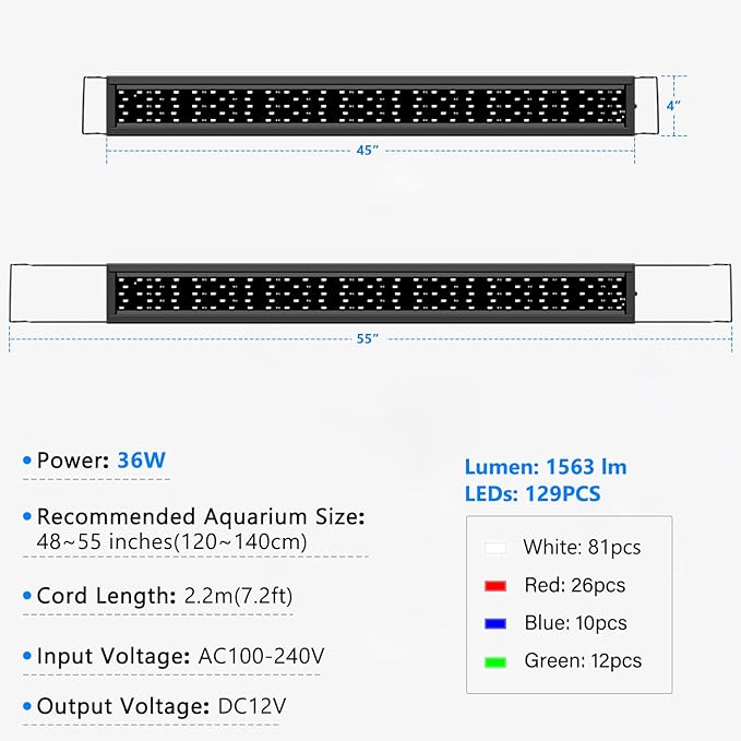 AQQA Aquarium Light,Full Spectrum Fish Tank Light for Plants,3 Mode+Timer+Adjustable Brightness,High Brightness LED Beads with Extendable Brackets for Freshwater (36W for 48-55inch)