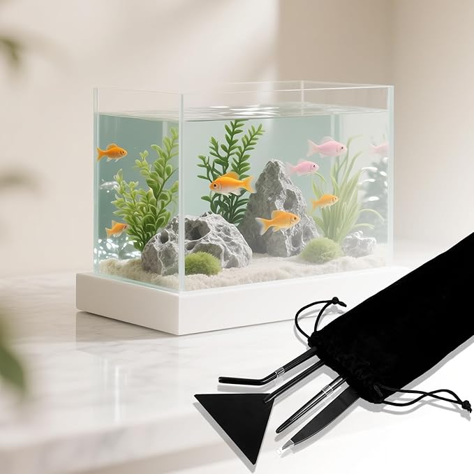 15Inch Extra Long Design Aquarium Aquascaping Tool Stainless Steel Aquascape Tools Kit 4 in 1 Anti-Rust Fish Tank Starter Kit with Long Tweezers Scissors Spatula for Aquarium Plants (Black)