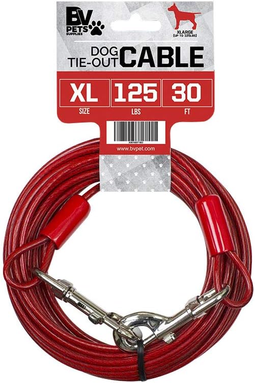 BV Dog Tie Out Cable 30 Feet - Heavy Duty Dog Lead Up to 125 Pounds - Reflective & Rust-Free with Quick Release Swivel Clips & 360° Rotating Clasp - Tangle-Free Dogs Runner for Yard (Red, Single)