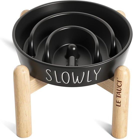 Ceramic Puzzle Slow Feeder Dog Bowl - 0.6 Cup Elevated with Wood Stand for Small Breeds, Black