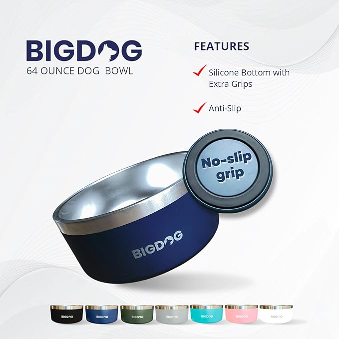 BigDog Bowl, Heavy Duty, Stainless Steel, Non Slip, Large Capacity, for Big Tall Dogs, Holds 64 ozs, Blue